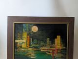 painting of a city at night with a full moon in the sky