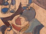 a painting on the wall of a room with a table and chairs