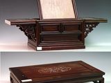two pictures of a wooden table with a mirror on top of it