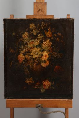 painting of flowers in a vase on an easel with a wooden stand