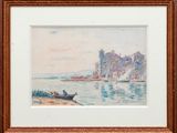 painting of a boat in a body of water with a castle in the background