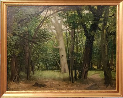 un tableau représentant une scène de forêt avec des arbres au premier plan