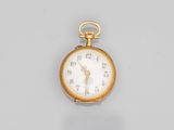 an 18k gold pocket watch with a white dial and a gold chain