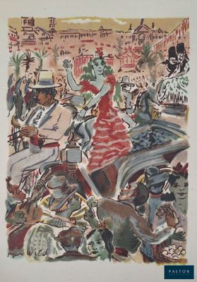 une image représentant un tableau où l'on voit une femme en robe rouge entourée d'autres personnes
