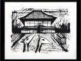 dessin en noir et blanc représentant un bâtiment devant lequel se trouve un banc
