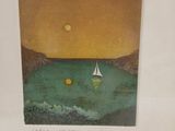 painting of a sailboat in a body of water with a full moon in the sky