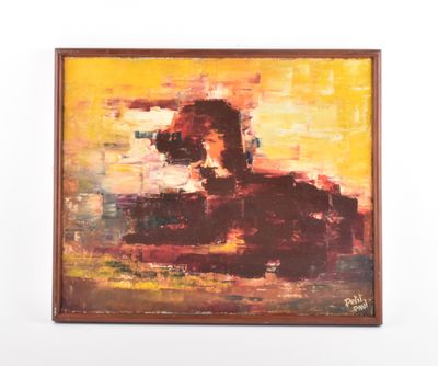 une peinture à l'huile représentant un homme assis sur un canapé devant un mur blanc