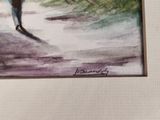 a painting of a person walking down a path with an umbrella