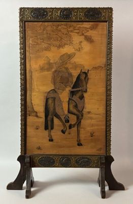 an image of a painting of a man riding a horse on a wooden stand