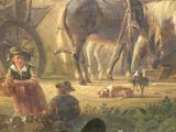 un tableau représentant une femme et deux chevaux dans un champ