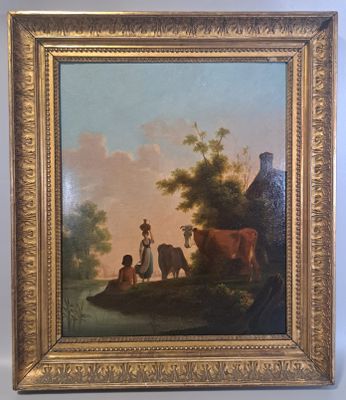 une image représentant un tableau où l'on voit une femme et deux vaches au bord d'une rivière