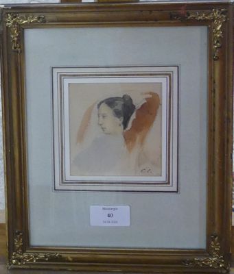 Aquarelle représentant une tête de Femme monogrammée E.G.