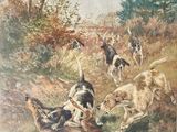painting of a group of dogs chasing a duck in a wooded area