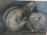 painting of a nude woman laying on a bed with her head resting on a pillow