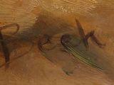 an oil painting of a bird sitting on top of a piece of wood