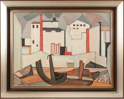 an image of a painting of a city with a boat in the foreground