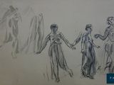 dessin représentant trois femmes se tenant par la main devant un rideau