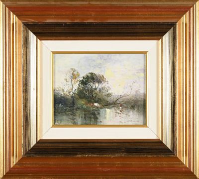 an image of a painting of a river with trees in the background