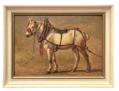 a painting of a white horse with a harness