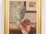 a painting of a vase and a piece of meat on a table