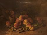 an oil painting of peaches and other fruit on a table