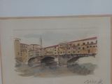 framed watercolor painting of a bridge over a river with buildings in the background