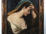 an oil painting of a woman with a blue head covering her face