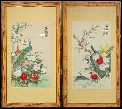 two framed chinese paintings of birds and flowers on a black background