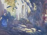 a watercolor painting of a woman walking down the street