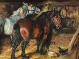 painting of two horses and chickens in a barn with hay