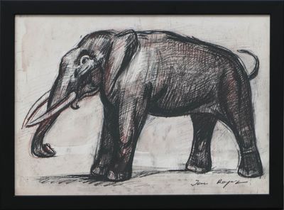 drawing of an elephant in a black frame with a white background
