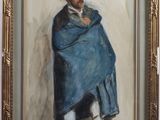 une peinture à l'huile représentant un homme vêtu d'une cape bleue et d'un chapeau