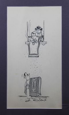 drawing of a man standing in front of a television and a woman sitting on a chair