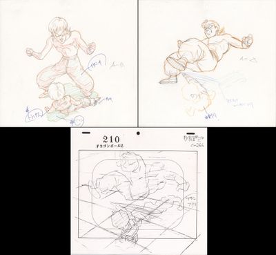 des croquis d'un personnage de dessin animé et un dessin représentant un homme sur un skateboard