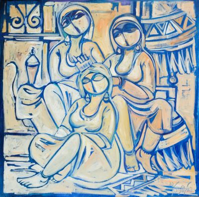 une peinture à l'huile représentant trois femmes assises dans une pièce