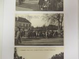 four pictures of people riding on elephants in the street
