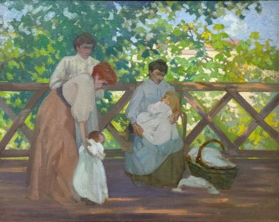 a painting of a woman and two children on a porch