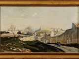 une image représentant un tableau représentant un paysage avec un village au loin