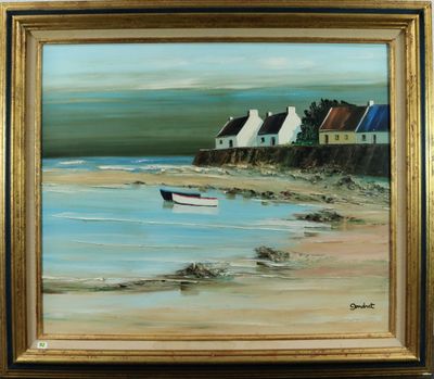 an oil painting of a boat on a beach next to a house