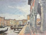 un tableau représentant une vue d'un canal avec des bateaux