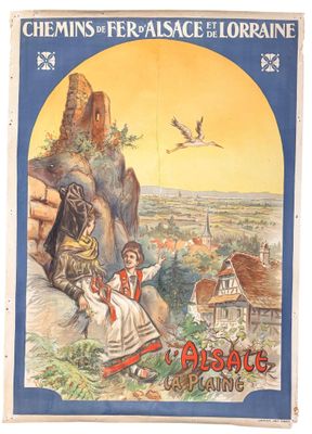 an old french poster of a woman and a child sitting on a rock