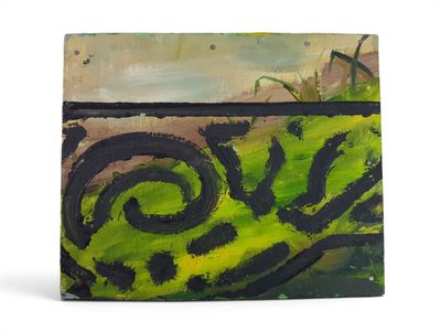 peinture représentant un motif tourbillonnant vert et noir sur fond blanc