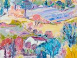 une peinture à l'huile représentant un paysage avec des arbres et des buissons