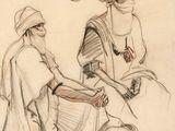 drawing of two women sitting on the ground with a bird in the background
