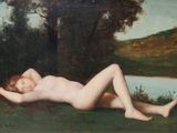 tableau représentant une femme nue allongée dans l'herbe au bord d'un plan d'eau