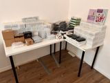 a table with a lot of boxes and boxes on it