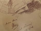 a drawing of a man sitting on a bench reading a book