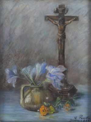 une peinture à l'huile représentant un crucifix, des fleurs et un vase