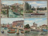 quatre tableaux représentant des bateaux dans un port, avec des bâtiments en arrière-plan