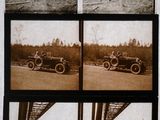 four black and white photos of a man and a woman in a car